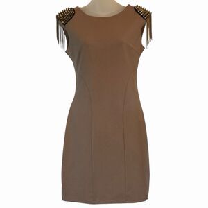 Studded Epaulet Shoulder Bodycon Dress Chain Fringe Military Glam Taupe L Y2K⭐